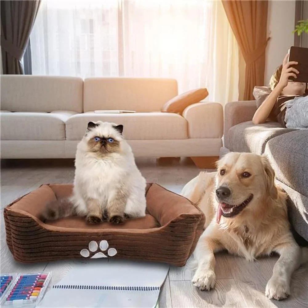 Pet Bed, Reversible Rectangle with Dog Paw Printing, Coffee, 25 by 21 inches